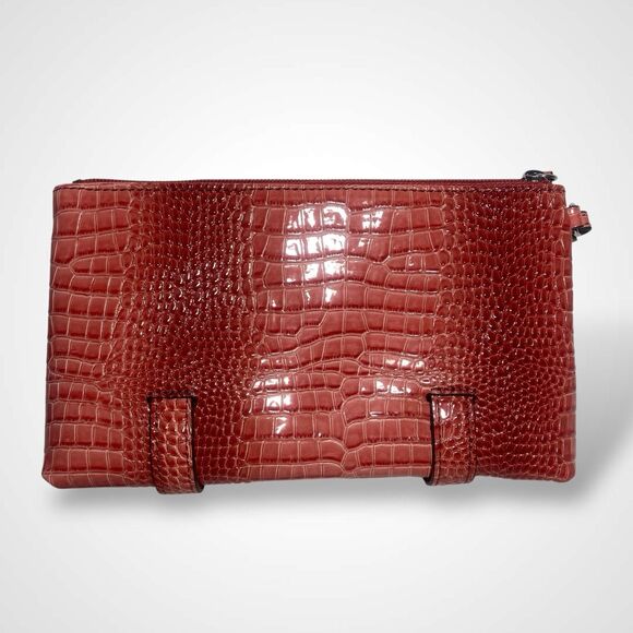 Simply Vera Wang Zip Top Wristlet Faux Croc Evening Clutch Handbag Pouch Coral - Picture 3 of 11